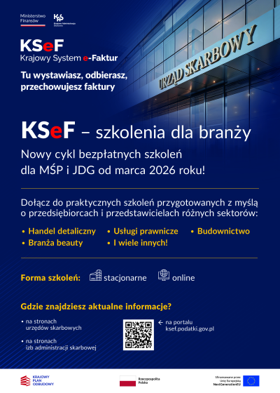 plakat promujący szkolenia branżowe z Krajowego Systemu e - Faktur